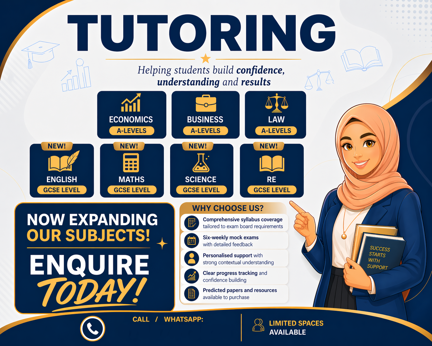 Flyer-style visual showing Economics and wider tutoring subjects in a premium navy and gold style