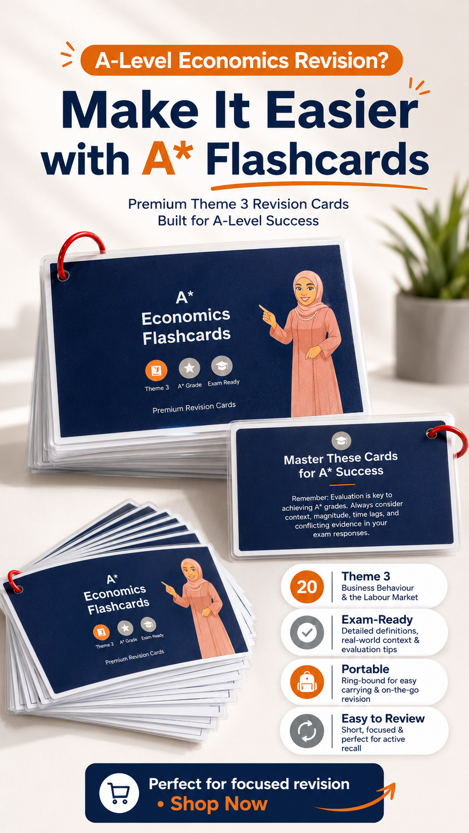 Advert-style preview of A-Level Economics Theme 3 revision flashcards and their key features
