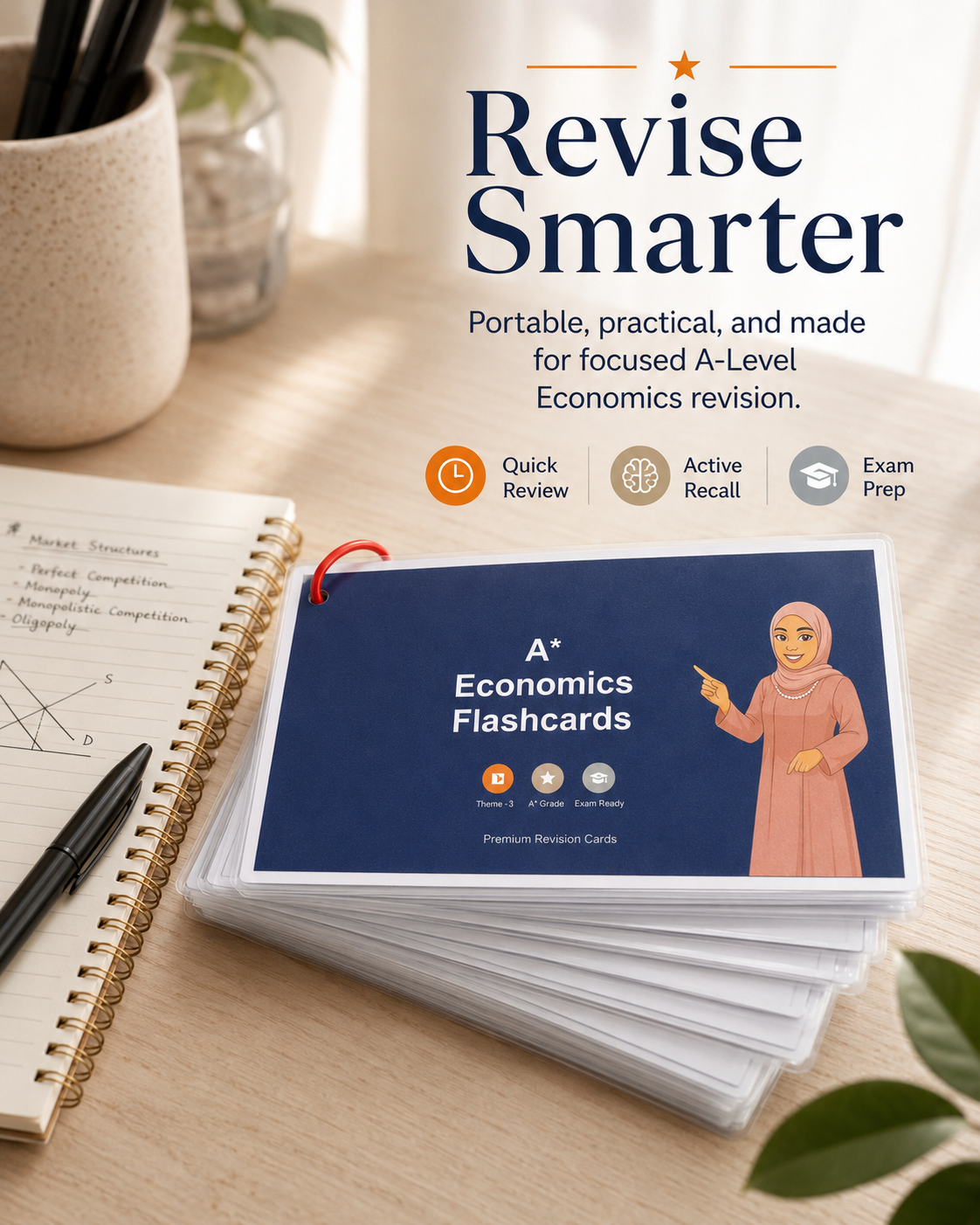 Theme Pack flashcards on a desk with Revise Smarter message for focused A-Level Economics revision